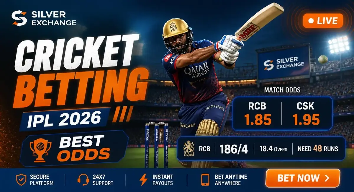Silver Exchange cricket betting - IPL 2026 odds RCB 1.85 vs CSK 1.95 with live score 186/4 need 48 runs
