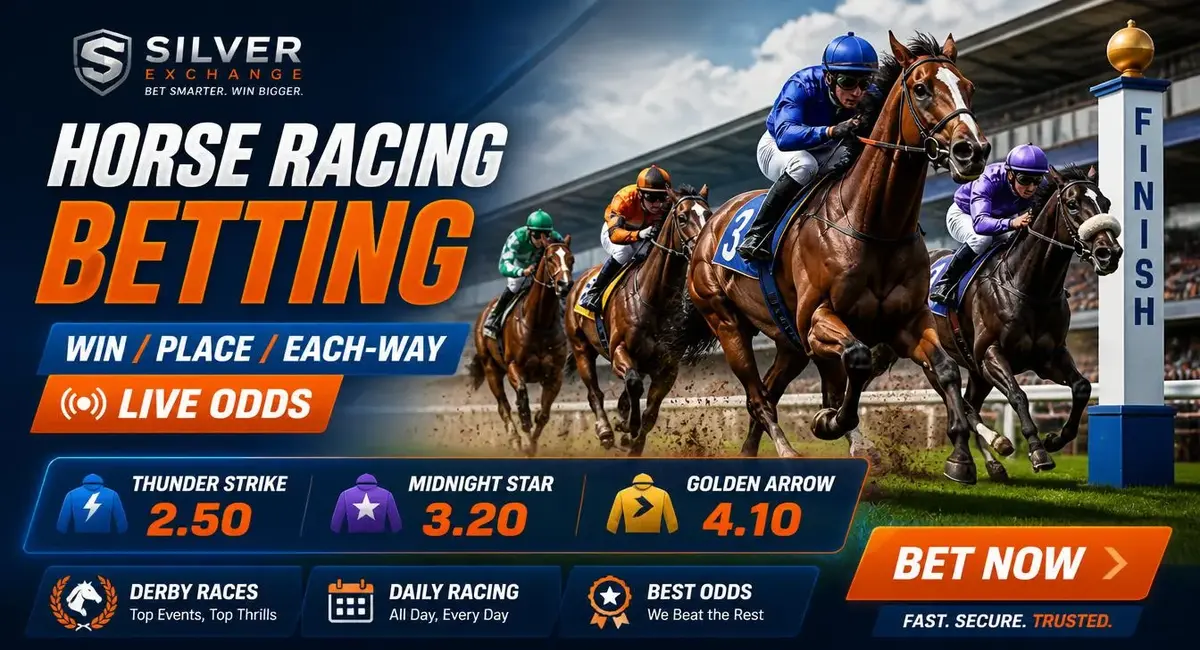 Silver Exchange horse racing betting - live odds Thunder Strike 2.50, Midnight Star 3.20, Golden Arrow 4.10 with win place each-way markets