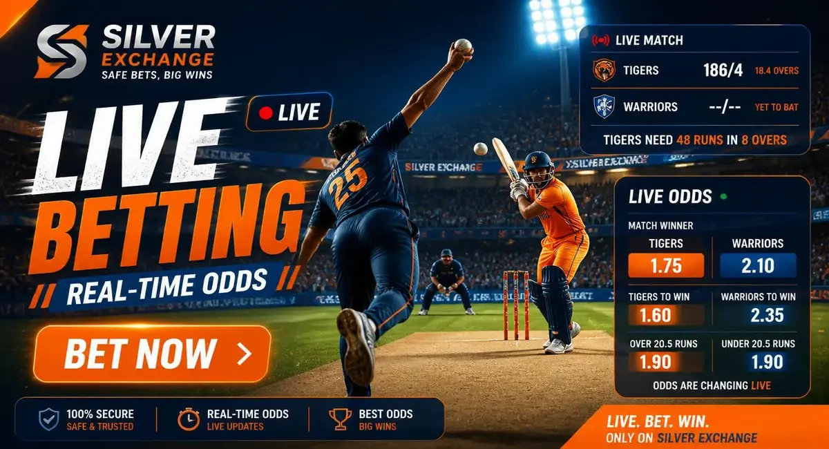 Silver Exchange live betting platform - real-time odds Tigers 1.75 Warriors 2.10 with live match score 186/4